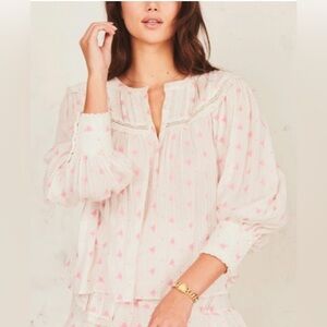 LoveShackFancy Dionne Long Sleeve Blouse White and Pebble Pink Size XS
